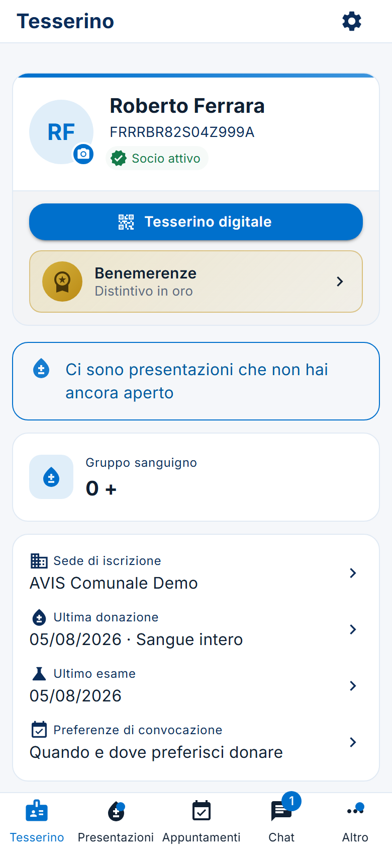 Il tesserino del donatore nell'app: gruppo sanguigno, ultima donazione, benemerenze